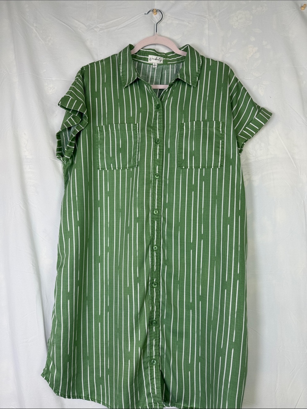 Wonderly Green Vertical-Strip Midi Shirt Dress